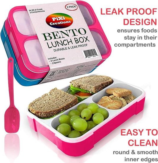 Pixi Creations 3-Part Bento Lunch Box (2-Pack): Meal Organization Made Easy